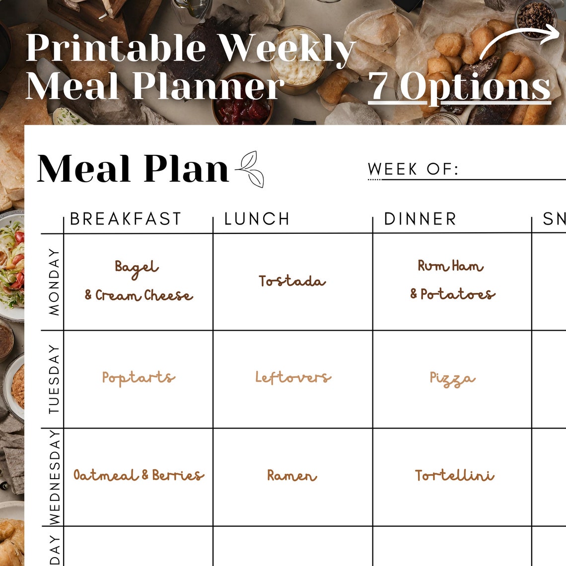 Printable Weekly Meal Planner, Simple Daily Meal Organizer, Instant