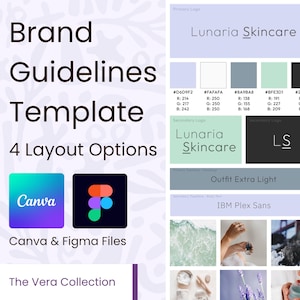 May include: A brand guidelines template with the text "Brand Guidelines Template" and "4 Layout Options." Includes Canva and Figma logos, color palettes, and the "Lunaria Skincare" logo. The text "Canva & Figma Files" is also present.