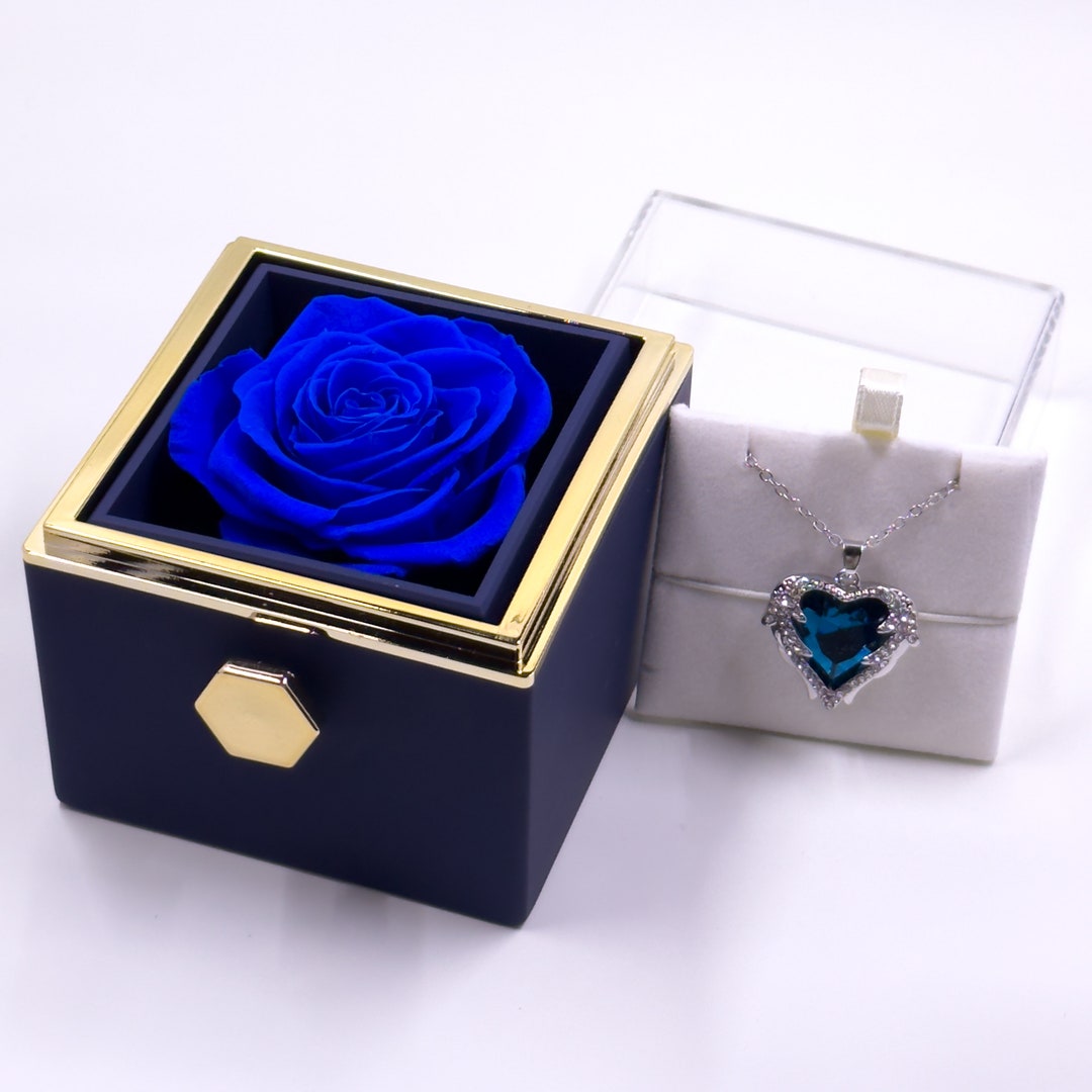 Spring Floral Gift for Her, Rotating Royal Blue Jewelry Box With Heart