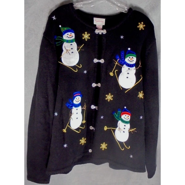 Vintage Ugly Christmas Cardigan Sweater Crystal Kobe Womens L Black Snowman Ski
