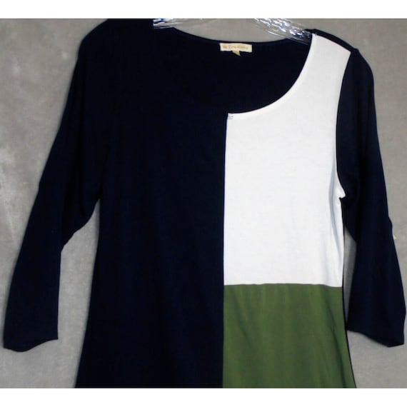 zen knits dress Vintage Zen-Knits Womens Medium Knit Midi Colorblock Blue White Green animals