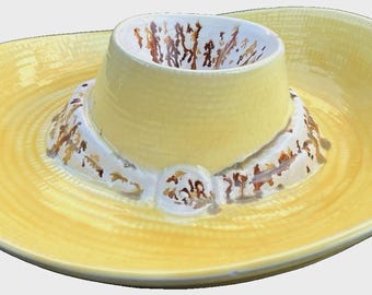 Vintage Yellow Sombrero Chip & Dip Platter Duża ceramiczna miska do serwowania w kształcie kapelusza