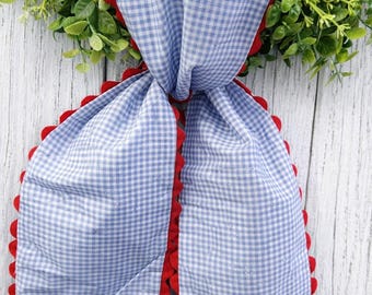 Blue Gingham Check with Red Scallop Trim Wreath Sash | Spring Door Decor, Embroidery Blank