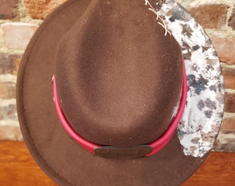 Koe print aangepaste verbrande hoed| Fedora met brede rand| Westerse Hoed| Bruidshoed| Rancher-hoed| Aangepaste vilten hoed