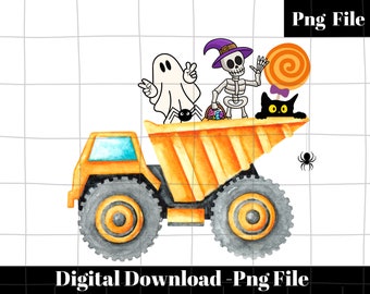 Op de afbeelding: Een gele kiepwagen met een spook, skelet, zwarte kat en snoep in de laadbak. De vrachtwagen heeft een spin aan de zijkant en een spinnenweb aan de achterkant. De achtergrond is een wit raster.