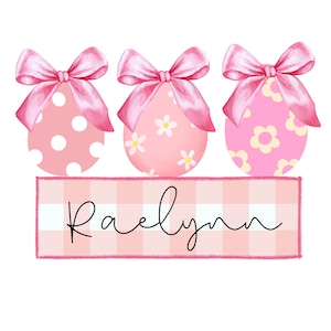 Personalisierte Kindername Osterei Png, Ostern Name Png-Datei, niedliches Osterei mit Schleife Png, rosa Gingham Name Png, Mädchen Osterei Png