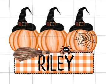 May include: Three orange pumpkins with black witch hats and a spider on a checkered orange and white background with a broom and the name Riley.