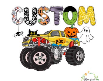 May include: A yellow monster truck with black wheels and red accents, decorated with Halloween-themed elements. The word "CUSTOM" is displayed above the truck in a spooky font. A black cat, pumpkin, and ghost are also featured.