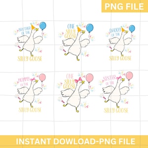 Um pacote de png de aniversário de ganso bobo, png de aniversário de ganso, download digital de primeiro aniversário de ganso, design de camisa combinando de ganso
