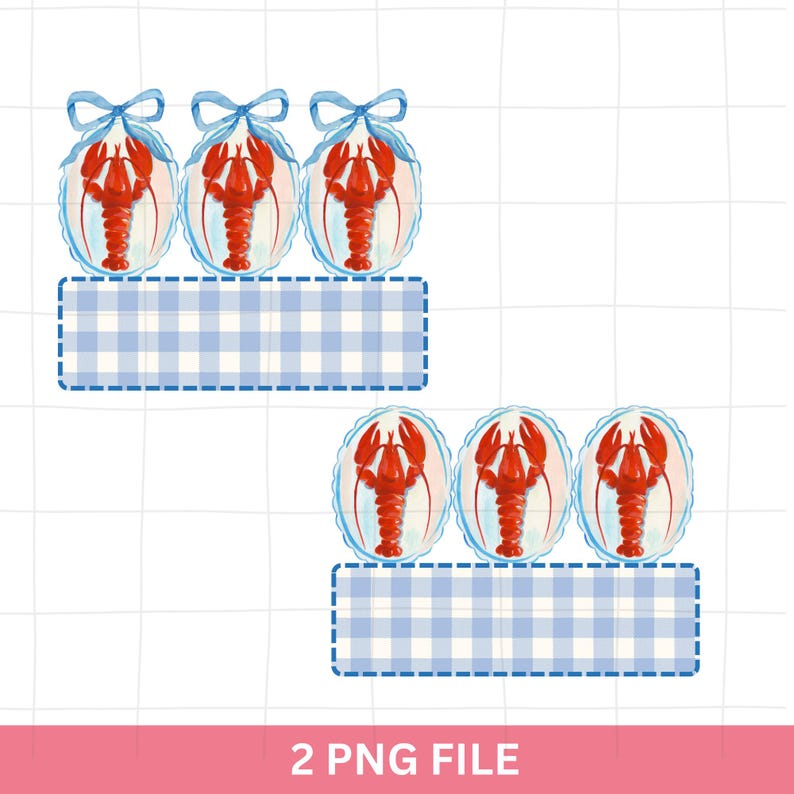 May include: Watercolor illustration featuring six red lobsters inside oval frames with blue bows. Below each set of three lobsters is a blue and white gingham rectangle. The text "2 PNG FILE" is at the bottom.