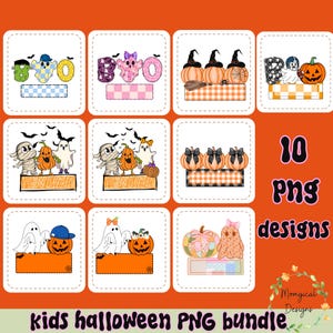 Puede incluir: Un conjunto de 10 dise&ntilde;os PNG con tem&aacute;tica de Halloween. Los dise&ntilde;os presentan fantasmas, calabazas y la palabra "BOO". El texto "Kids Halloween PNG bundle" est&aacute; en la parte inferior, con "Momgical Designs" en la esquina inferior derecha.