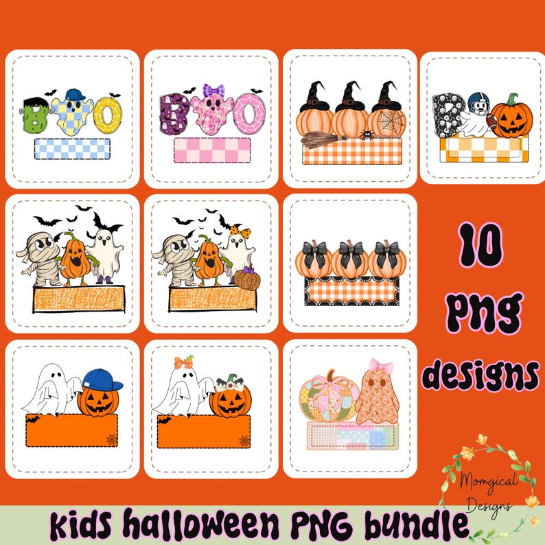 Puede incluir: Un conjunto de 10 dise&ntilde;os PNG con tem&aacute;tica de Halloween. Los dise&ntilde;os presentan fantasmas, calabazas y la palabra "BOO". El texto "Kids Halloween PNG bundle" est&aacute; en la parte inferior, con "Momgical Designs" en la esquina inferior derecha.