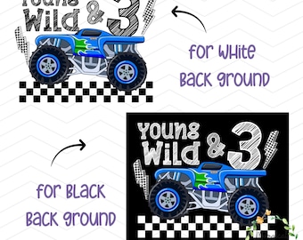 young, wild and three monster truck png, monster jam party png, Monster Truck Checkered Trendy  Design, Toddler Boy Monster Truck