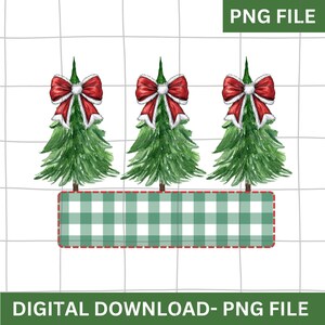 May include: Three green Christmas trees with red bows and white centres, standing on a green and white chequered background.