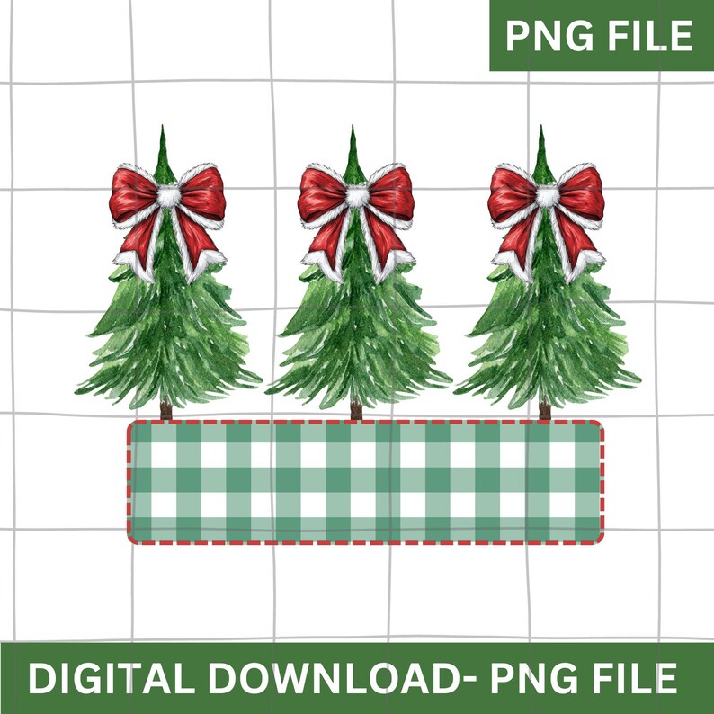 May include: Three green Christmas trees with red bows and white centres, standing on a green and white chequered background.
