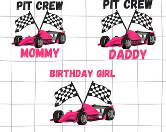 Pack d'images PNG rose anniversaire pour l'équipe des stands, famille rose de l'équipe des stands, sublimation, voiture de course rose, papa rapide, maman rapide
