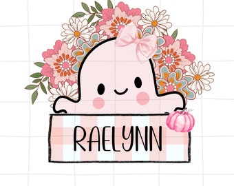 May include: A cute pink ghost illustration with a bow, holding a sign that says "RAELYNN". The ghost is surrounded by pink and white flowers and a small pink pumpkin. The image is a digital PNG file.