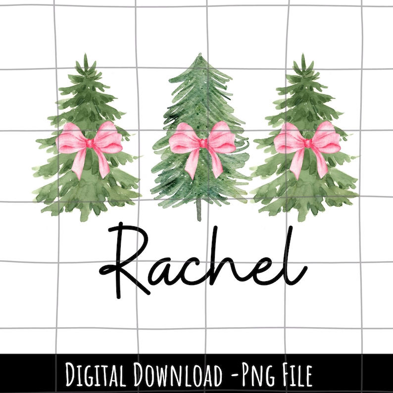 Pu&ograve; includere: Tre alberi di Natale verdi ad acquerello con fiocchi rosa e il nome Rachel scritto in nero sotto.
