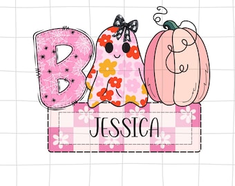 May include: A Halloween-themed graphic with the word "BOO" in pink, featuring a spiderweb design and a pumpkin. A ghost with a floral pattern and a bow is next to the pumpkin. The name "JESSICA" is displayed on a pink and white checkered background.