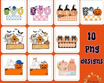 May include: A set of 10 Halloween PNG designs featuring ghosts, pumpkins, and the word "BOO". The image also includes the text "commercial use allowed" and "Kids Halloween PNG bundle".