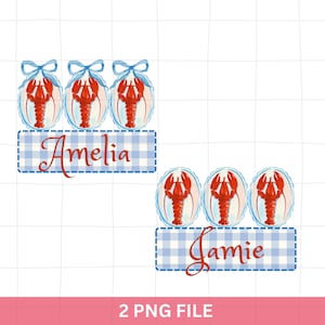 May include: Watercolor illustrations of red lobsters inside oval frames with blue bows. Below, a blue and white gingham banner displays the name "Amelia" in red script. Another banner shows the name "Jamie".
