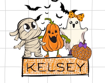 Gepersonaliseerde Halloween-png, ontwerp cartoon mummie spookpompoen (digitale download)