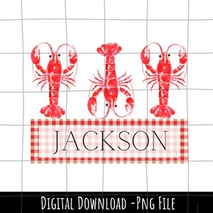 May include: Three red lobster illustrations with the name "JACKSON" in a red and white checkered banner.
