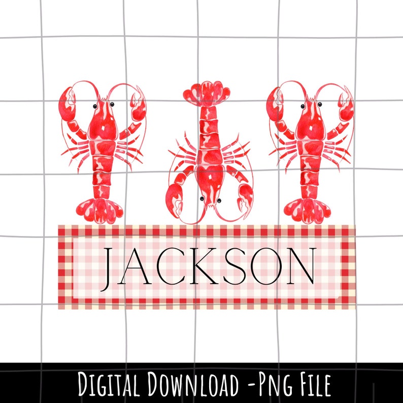 May include: Three red lobster illustrations with the name "JACKSON" in a red and white checkered banner.