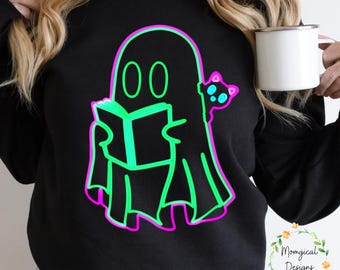 ghost reading book png, halloween reading png, halloween neon ghost png, halloween neon bookish png, ghost reader neon png