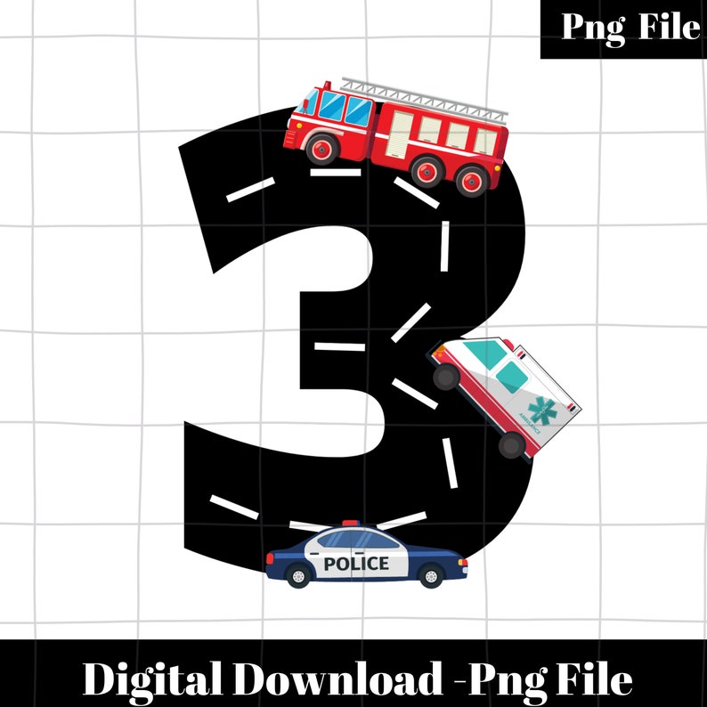 Peut inclure: Un num&eacute;ro trois noir avec un design de route sinueuse. Un camion de pompiers rouge, une ambulance blanche et une voiture de police bleue roulent sur la route.