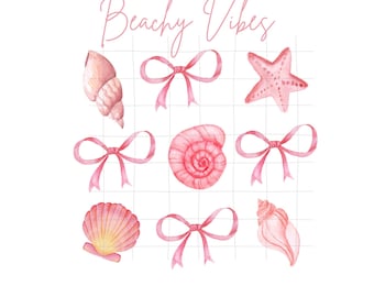 coquette Seashell Beach PNG, Beach Summer PNG, Pink Bow Clipart Digital Instant Download, Pink seashell png, Beachy vibes png