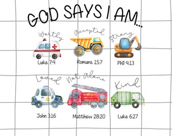 God says I am boys truck png, bible verse png, Religious png for kids, Christian kids shirt design, biblical toddler shirt png