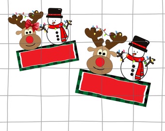 PNG personalizado con nombre infantil para Navidad, diseño de reno y muñeco de nieve (descarga digital)