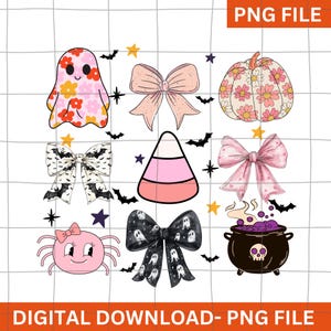 Pink Coquette Halloween PNG: Fantasma, Zucca, Caramelle di Mais (Download Digitale)