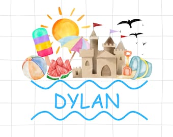PNG personalizado con nombre de niño para la playa, PNG de playa para niños, PNG de verano para niños. PNG de camiseta de playa para niños, sublimación de playa, PNG de verano en acuarela