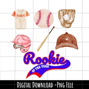 Op de afbeelding: Waterverfillustratie van honkbaluitrusting, waaronder een honkbal, een knuppel, een handschoen, een pet, een helm en een shirt. De tekst "Rookie of the Year" is geschreven in blauwe en rode letters met een rode en blauwe gebogen lijn.
