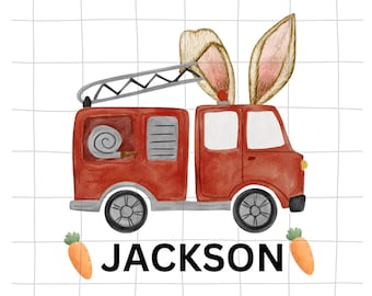 Camión de bomberos de Pascua PNG, archivo PNG con nombre de Pascua, conejito lindo PNG, PNG de Pascua para niños, diseño de camiseta de Pascua para niño, Pascua para niños pequeños PNG
