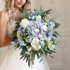 Dusty Blue Bridal Bouquet: Silk Peonies, Roses, Eucalyptus
