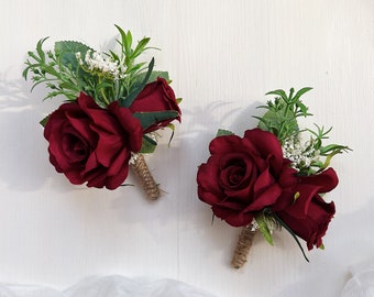 Wedding boutonniere, Boutonniere for men, Burgundy boutonniere, Deep red boutonniere, Groomsman boutonniere, Groom boutonniere