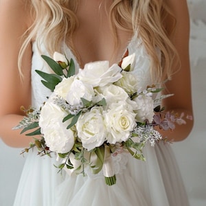 White Silk Wedding Bouquet: Peonies, Roses, Eucalyptus, Ivory & Sage