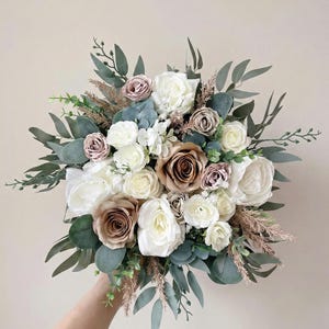 Boho Wedding Bouquet: Silk Peonies, Roses, Eucalyptus, Ivory Satin Ribbon