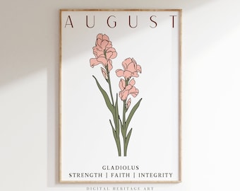 AGOSTO Gladiolo mese di nascita Fiore - Disegno artistico della linea Gladiolo, stampa artistica da parete di gladioli, arte di compleanno di agosto, stampa di gladioli di agosto