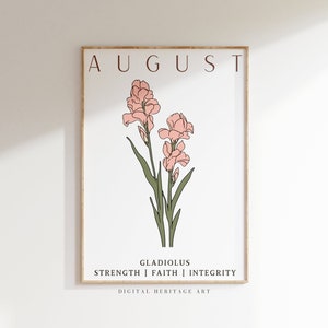 Birth Month Flower, August Birthday Gladiolus Flower Art, Fine Line Aesthetic Flower Art, Living Room Wall Decor Art, Instant Download
