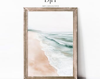 Beach Ocean Waves Watercolor Printable Wall Art | Minimalist Coastal Shoreline Decor | Living Room Digital Download