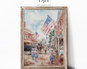 Vintage 4th of July Parade Printable | Patriotic Americana Wall Art | Historic Small Town Watercolor Scene Painting | Digital Download
