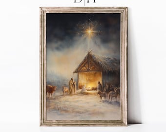 Vintage Nativity Scene Art Print: Holy Family, Star of Bethlehem (Digital Download)