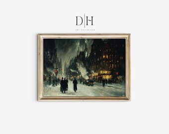 Vintage NYC Winter Oil Painting Art Print | Moody Cityscape (Digital Download)