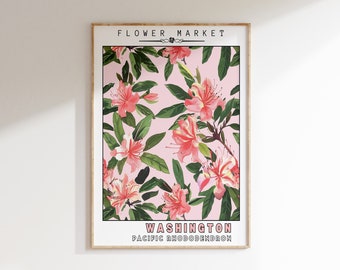 Kwiatowy nadruk ze stanu Waszyngton | Sztuka rododendronów pacyficznych | GRAFIKA ŚCIENNA DO DRUKU | Dekoracja targu kwiatowego | Ogród botaniczny | Plakat retro
