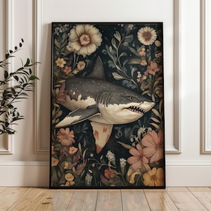 Arte de parede para impressão de tubarão inspirada em William Morris | Arte de vida marinha Cottagecore para decoração de sala de estar ou quarto inspirada na natureza