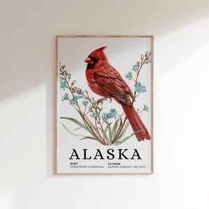ALASKA North Cardinal State Bird y Alpine Forget-Me-Not Art Print - pájaro cardenal, arte floral alpino, arte estatal de Alaska, arte de pared de Alaska